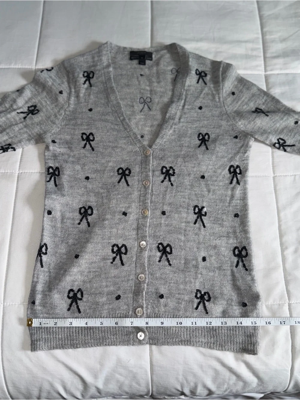 J Crew Gray V-Neck Cardigan with Black Sequin Bows- Medium
